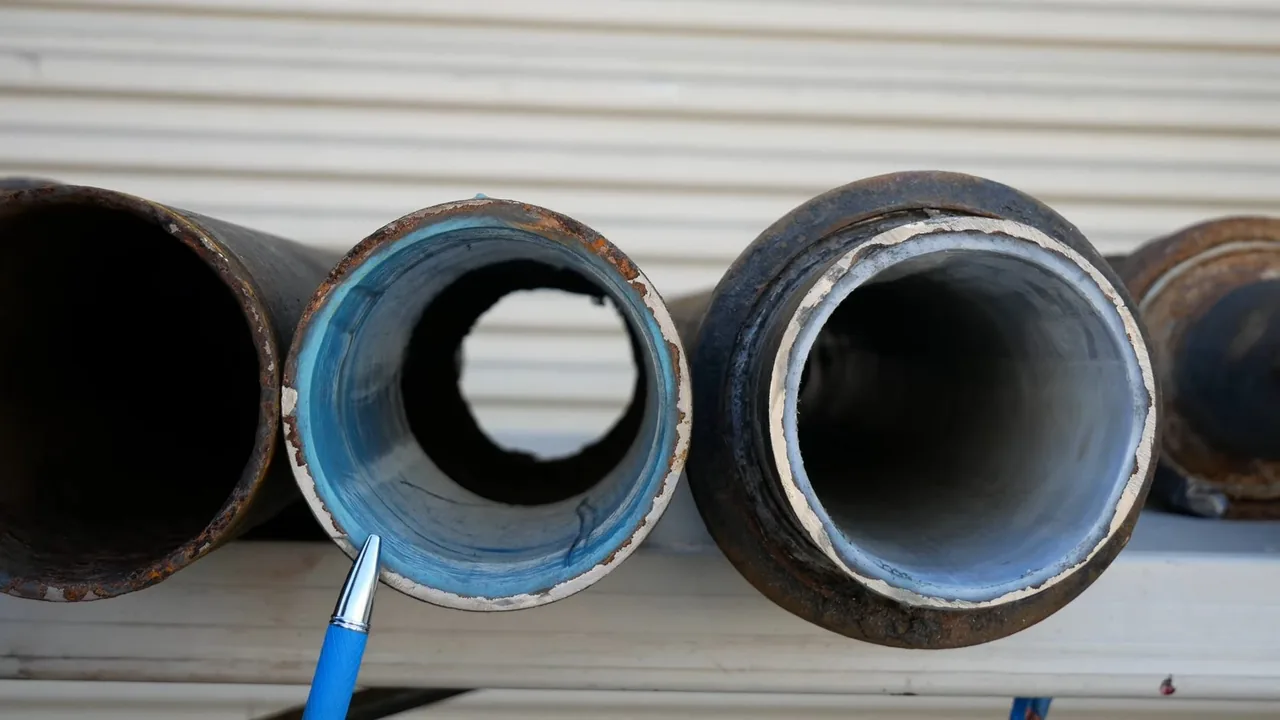 Cut ends of three steel pipes side by side, with a blue coating inside the middle one and a white lining inside the one on the right