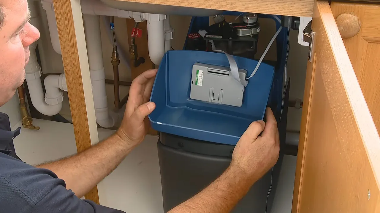A man in a polo shirt setting a blue cover onto a water softener inside a kitchen sink cabinet
