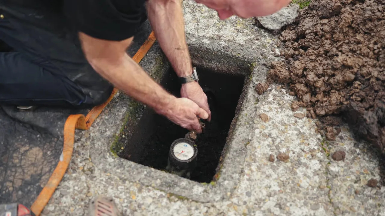 A man's arm reaching into an open in-ground meter box toward the water meter dial
